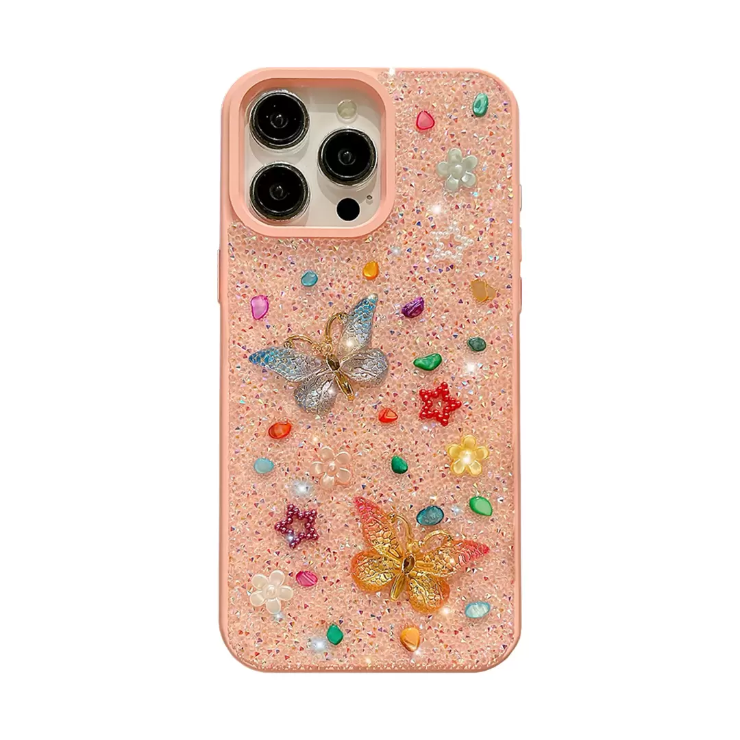 iPhone 15/iPhone 14/iPhone 13 Butterfly and Diamond Bling Case Pink